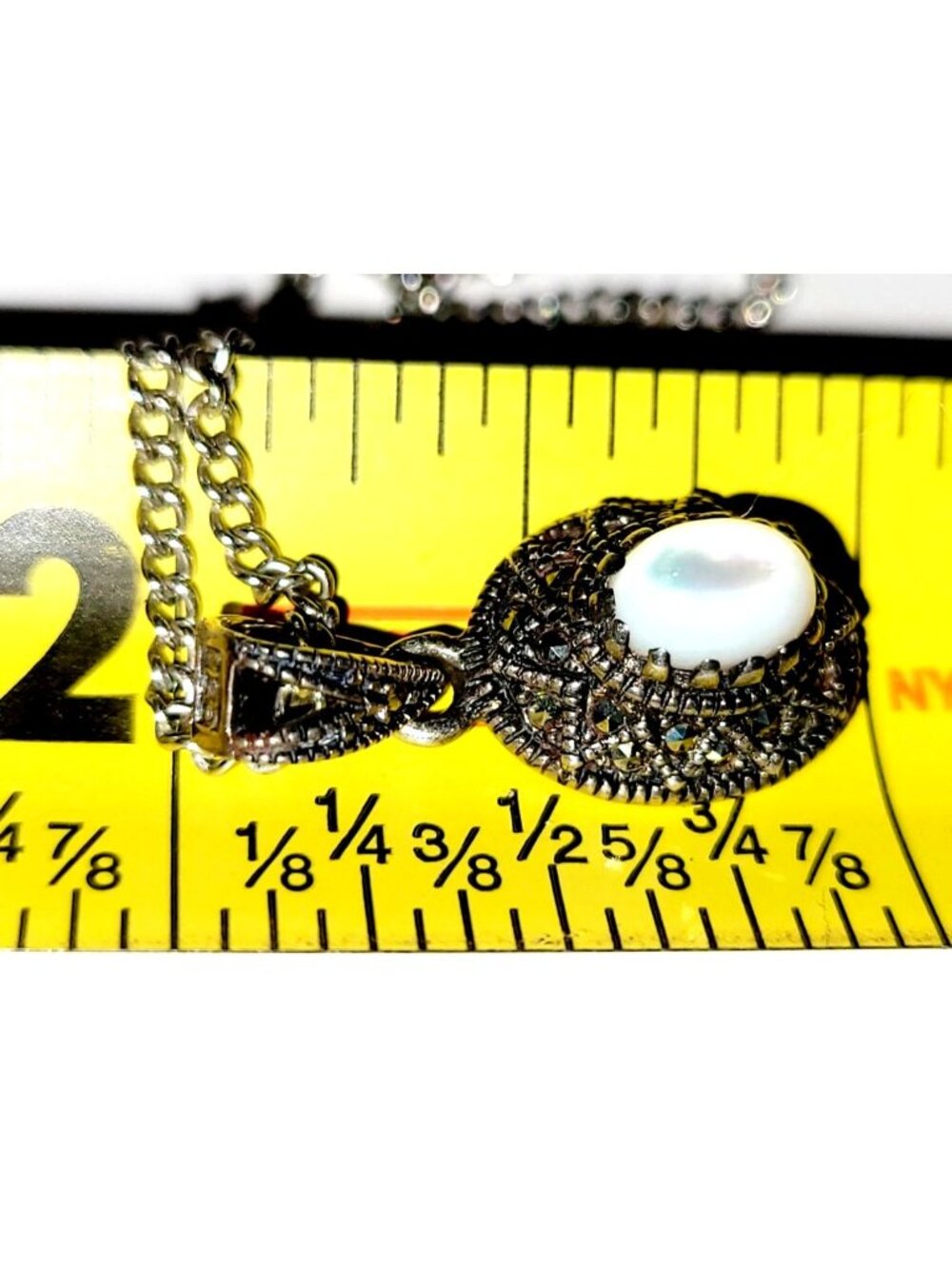 Vintage Sterling Silver Moonstone & Marcasite Pendant Necklace 19" Long - Picture 8 of 8